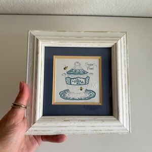 Vintage Framed Embossed Sugar Bowl Art Folk Kitchen Print White